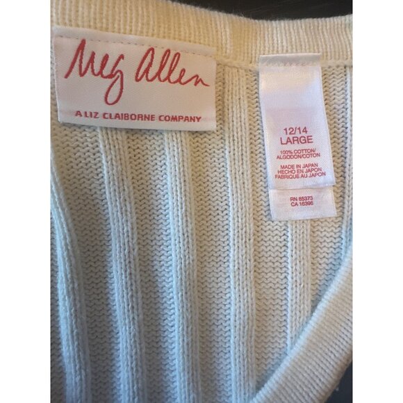 Meg AllenLarge Cream Cable Knit Sweater Stripe Trim Tennis Old Money Preppy - Picture 2 of 4